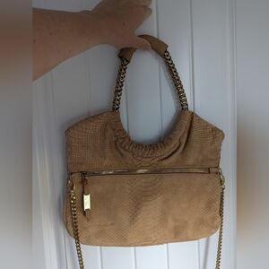 Stuart Weizman Camel Snake Skin Hobo Crossbody Bag with Gold Chain Strap